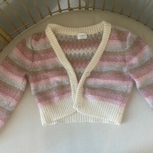 Aritzia Wilfred Fair Isle Mohair Cardigan XS Pink Striped Fuzzy Sweater